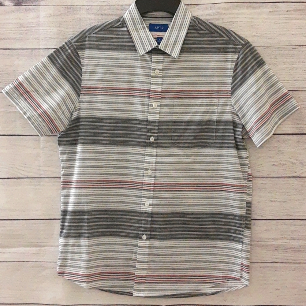 Apt. 9 HEIQ Smart Temp 100% Cotton Short Sleeve Button Up Striped Shirt Men's M